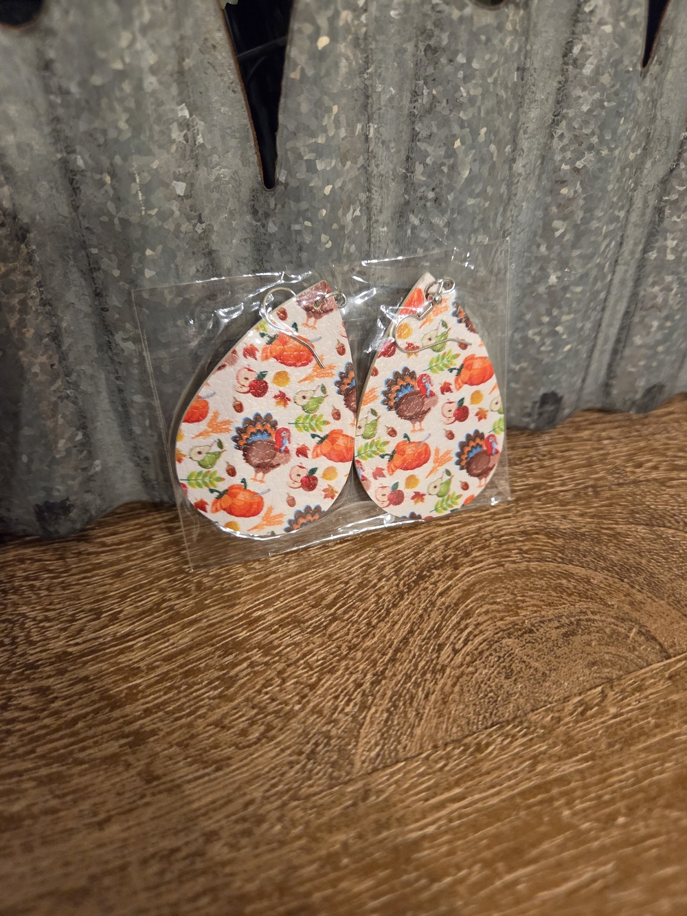 Fall Thanksgiving Teardrop Earrings — White with Orange Pumpkin & Turkey Print
